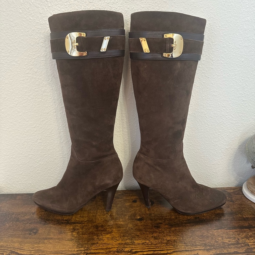 Cole Haan Dark Brown Suede Knee-High Heeled Boots with Gold Buckle - Picture 8 of 16